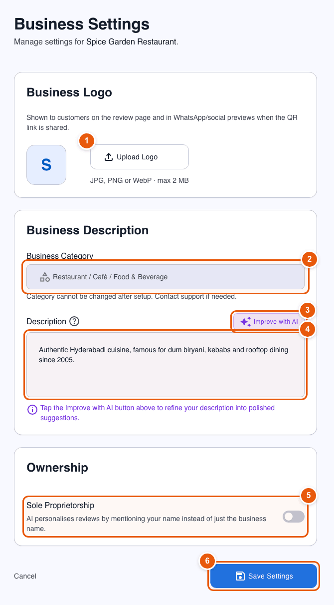 Business Settings: logo, description and ownership