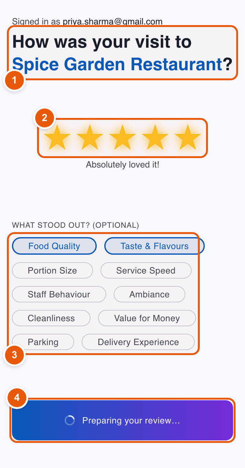 Customer rating screen with five stars and “what stood out” tags