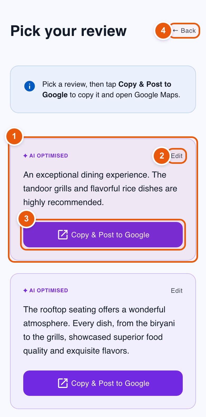 Customer screen listing AI-written reviews with Copy & Post to Google buttons