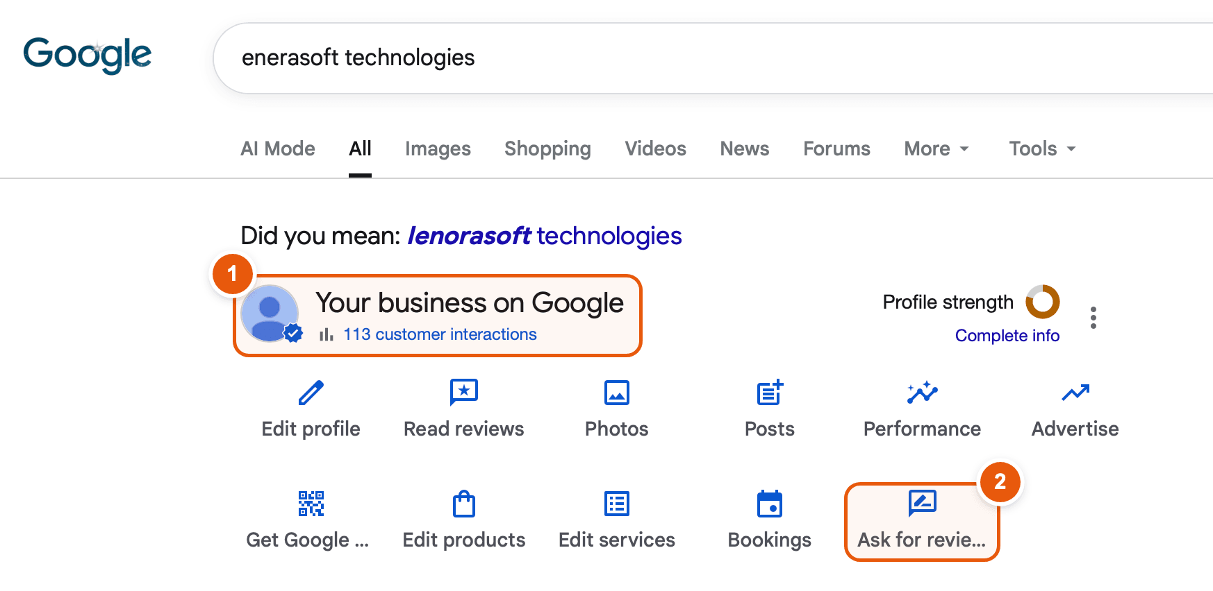 Google Search showing the Your business on Google panel with the Ask for reviews button highlighted