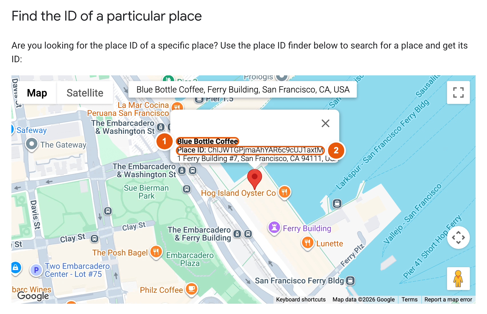 Place ID Finder map with the business popup showing its name and Place ID highlighted