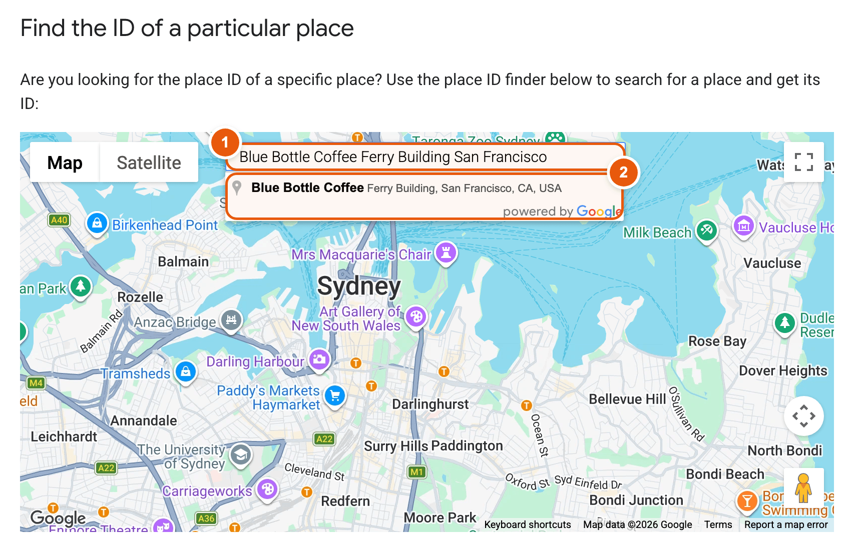 Google Place ID Finder with a business name typed in the search box and the matching suggestion highlighted