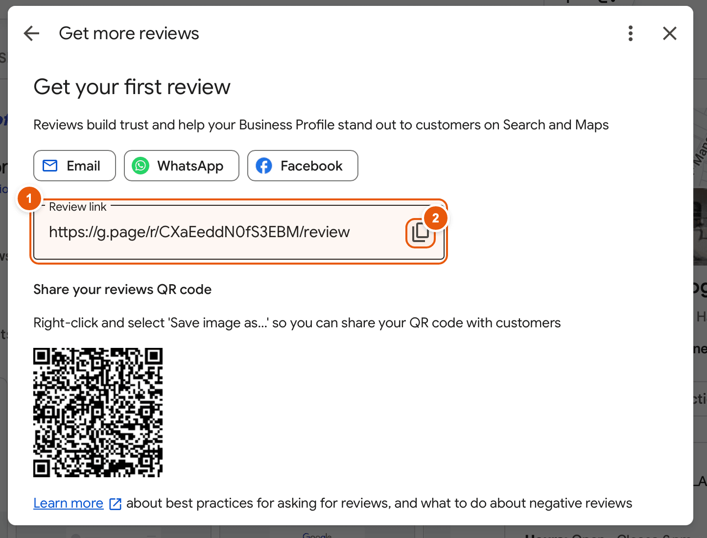 Get more reviews window on Google with the Review link and its copy button highlighted
