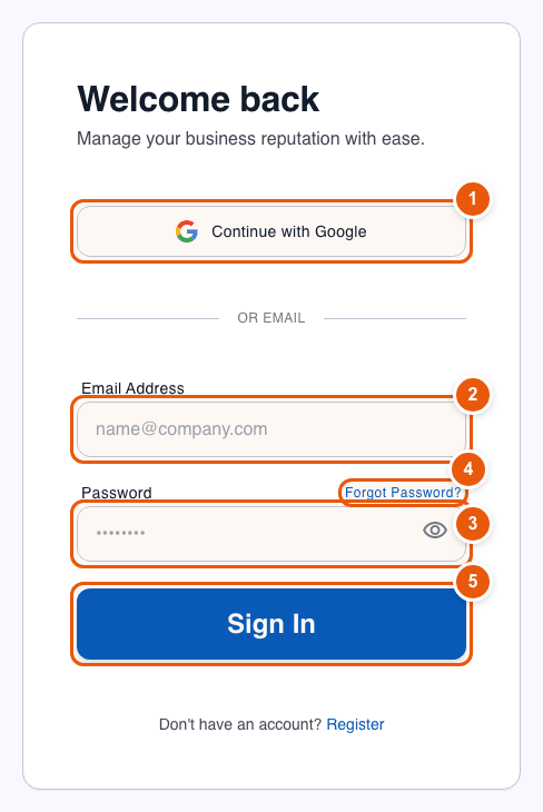 ReviewAI sign-in form with numbered markers