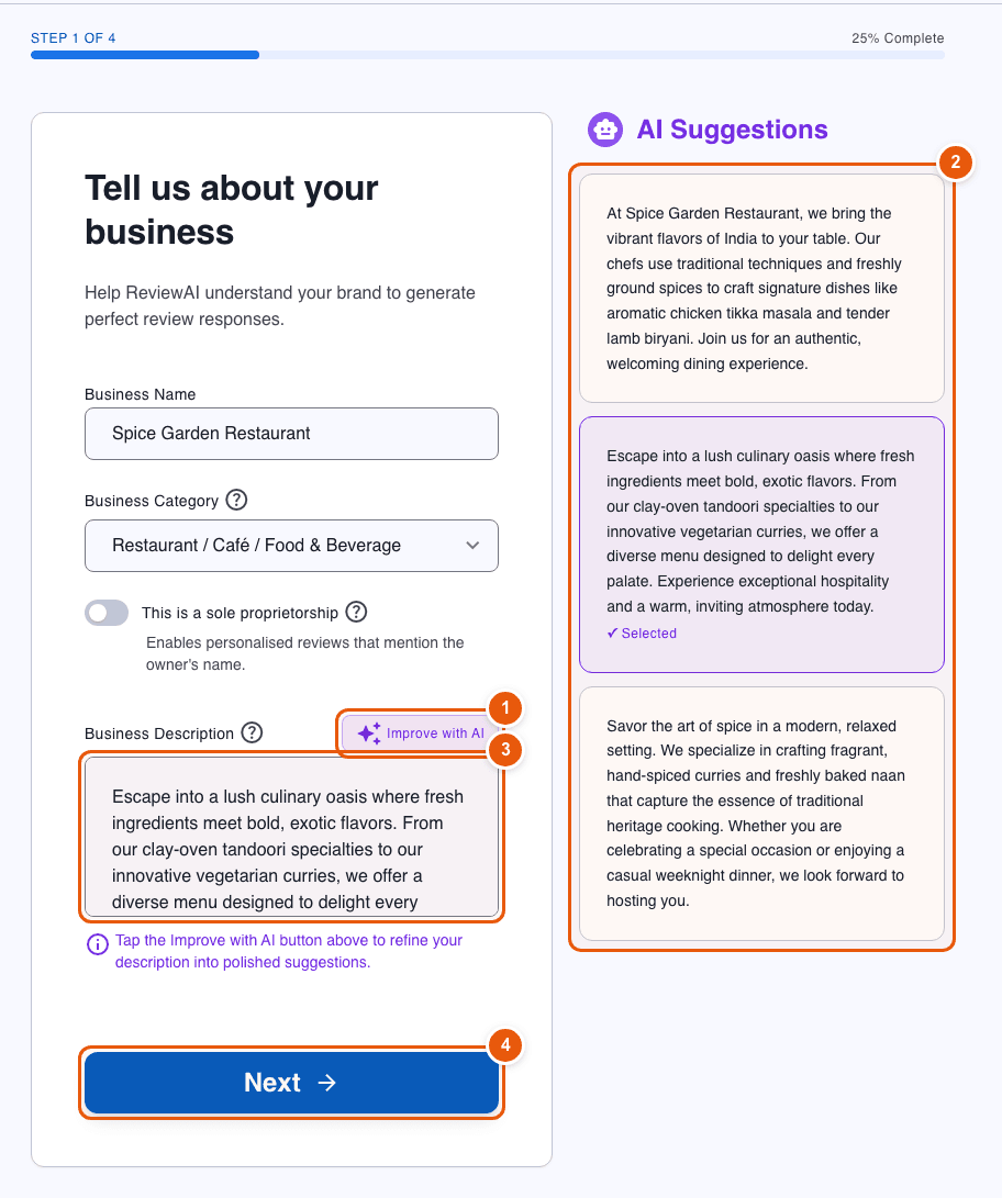 Onboarding step 1 after clicking Generate with AI, showing three AI description suggestions