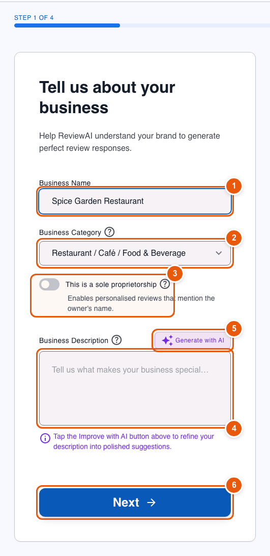 Onboarding step 1: business name, category, description and Generate with AI button, numbered