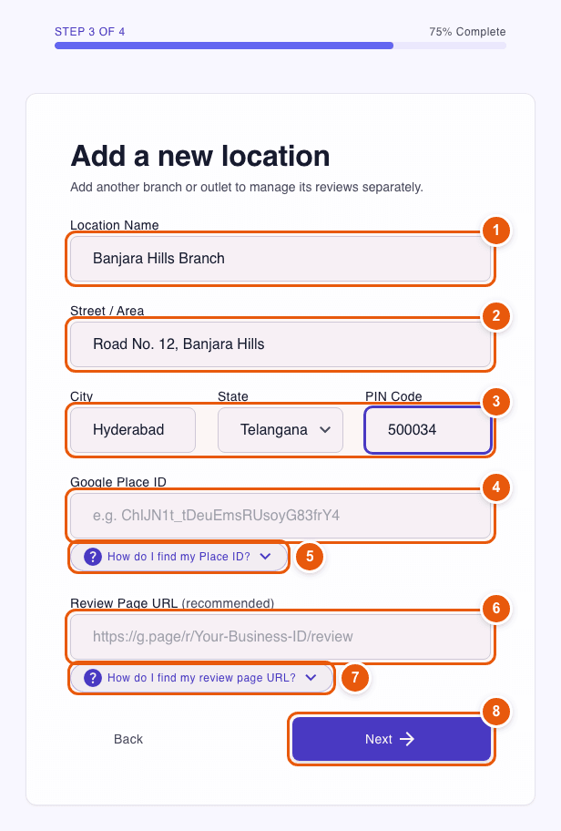 Onboarding step 3: location form with Google Place ID and Review Page URL fields