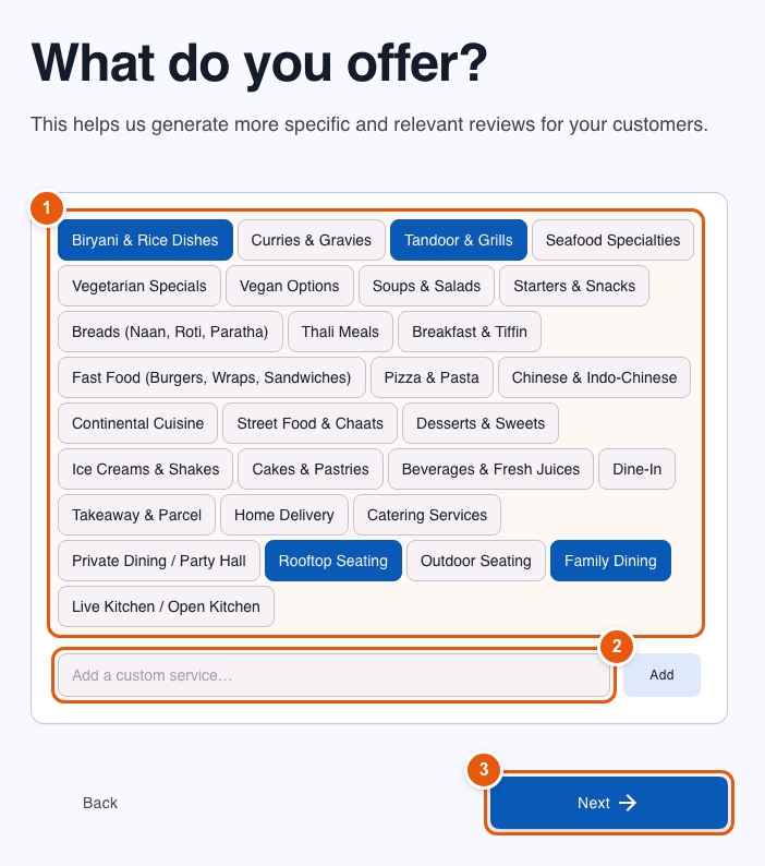 Onboarding step 2: choose the products and services you offer
