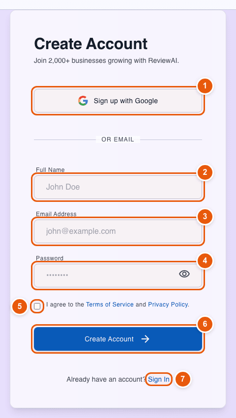 ReviewAI Create Account form with numbered markers on each field