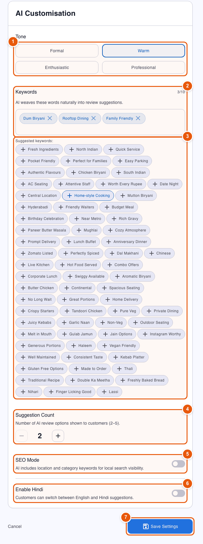 Review Settings, AI Customisation: tone, keywords, suggestion count, SEO mode and Hindi