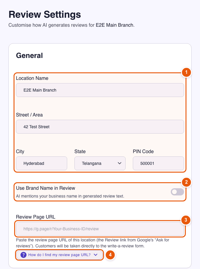 ReviewAI Review Settings with the Review Page URL field highlighted